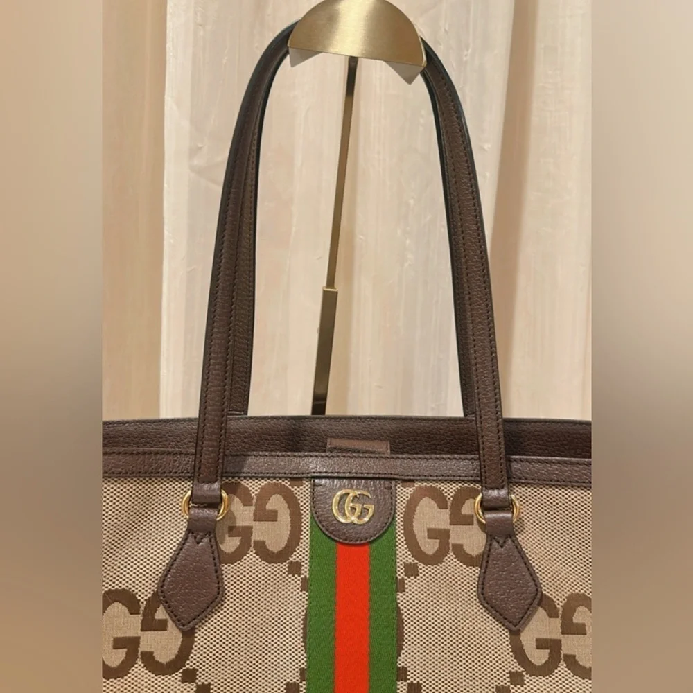 Authentic Gucci Monogram Jumbo GG Textured Calfskin Ophidia Tote Camel Ebony✨ - Picture 7 of 17